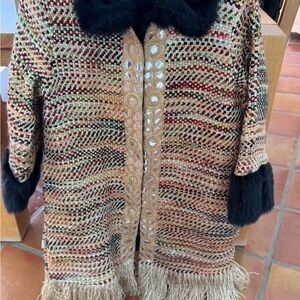 Multicolor Knit Coat with Black Fur Trim